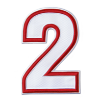 An image shows white embroidered number 2 with red border on transparency background. design is bold and stands out clearly png