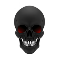 A dark, menacing skull with glowing red eyes and sharp teeth creates eerie and ominous atmosphere, perfect for Halloween or horror themes. black and red color scheme enhances its sinister appearance png