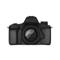 A sleek black digital camera with large lens is depicted, showcasing its modern design and professional appearance. camera is positioned facing forward, highlighting its features png