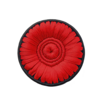 A vibrant red embroidered flower patch with intricate detailing and circular design, set against transparency background, showcasing craftsmanship and textile art png