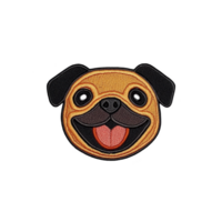 A cute embroidered patch features smiling pug face with playful expression, showcasing its tongue out and bright eyes. patch is designed with vibrant colors and detailed stitching png