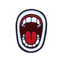 A vibrant embroidered patch features open mouth with visible teeth and tongue, outlined in bold colors, conveying sense of excitement or shouting png
