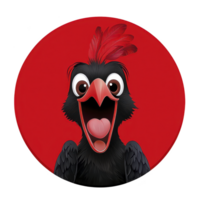 A cartoon bird with wide eyes and open beak is set against vibrant red background, featuring expressive feathers and playful demeanor png