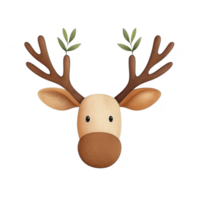 A cute cartoon reindeer head with large antlers and small leaves, featuring simple and friendly expression. reindeer is designed in minimalist style with soft colors png