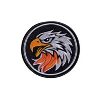 A This features circular embroidered patch with fierce eagle design, showcasing bold orange beak and detailed feathers. patch is set against transparency background, emphasizing intricate embroidery png