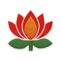 A vibrant embroidered lotus flower patch with red petals, orange center, and green leaves, symbolizing purity and enlightenment. intricate stitching adds texture and depth png