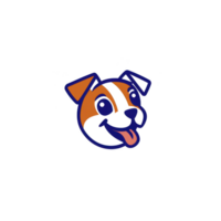 A playful cartoon dog face with bright orange and black color scheme, featuring happy expression and blue outline. design is simple and cheerful, perfect for pet related themes png