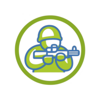 A This features stylized icon of soldier holding rifle, outlined in blue and green, enclosed within green circle. design is simple and modern.soldier icon with rifle in green and blue circle png