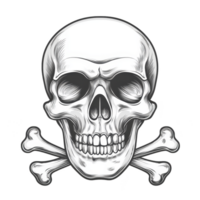 A detailed illustration of skull and crossbones, symbolizing danger or warning, with intricate shading and bold lines. design is often associated with pirate themes or toxic substances png