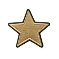 A gold embroidered star patch with black border, symbolizing achievement or recognition, isolated on transparency background. texture and stitching details are clearly visible png