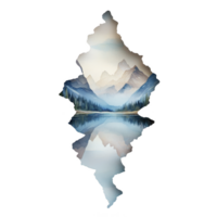 A This features serene watercolor landscape of mountains reflected calm lake, creating symmetrical and peaceful scene. soft colors and gentle brushstrokes evoke sense of tranquility and natural png