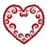 A decorative heart shaped frame with intricate red and white swirling patterns, perfect for romantic or festive designs. embroidery style adds textured, elegant touch to overall appearance png