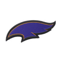 A This features stylized, embroidered patch shape of bird wing or feather, primarily blue with orange and black outlines. design is dynamic and sleek, suggesting motion or speed.Embroidered patch png
