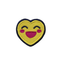 A heart shaped embroidered patch features cheerful yellow face with wide smile and closed eyes, expressing joy and happiness. patch is outlined in dark blue, adding contrast to vibrant design png