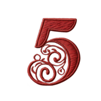 A Red embroidered number five with intricate swirling patterns on transparency background, showcasing elegant craftsmanship and artistic design png
