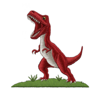 A red dinosaur with open mouth stands on green grass, showcasing its sharp teeth and fierce expression. embroidered design highlights dinosaur powerful stance and vivid colors png