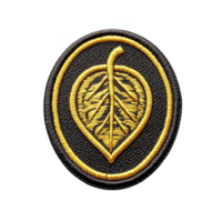 A round embroidered patch features golden leaf design on transparency background, symbolizing nature and growth. intricate stitching adds texture and depth to patch, making it visually appealing png