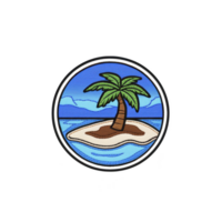 A vibrant illustration of small tropical island with single palm tree, surrounded by calm blue ocean waters and clear sky, evokes sense of tranquility and escape png