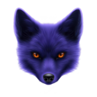 A digitally illustrated purple fox head with striking orange eyes, showcasing detailed fur texture and realistic expression. vibrant colors create captivating and artistic look png