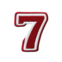 A red and white embroidered number seven patch with bold design, perfect for clothing or accessories. patch has textured appearance, adding stylish touch to any fabric png