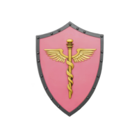 A pink shield with golden caduceus symbol, featuring two wings and two snakes, represents protection and healthcare. design is bold and symbolic, conveying safety and medical care png