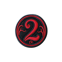 A This features circular embroidered patch with red number two ornate design transparency background. intricate details and vibrant color create striking visual.ornate embroidered patch with red png