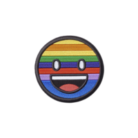 A colorful embroidered patch features smiling face with rainbow stripes, symbolizing joy and inclusivity. vibrant design is eye catching and expressive png