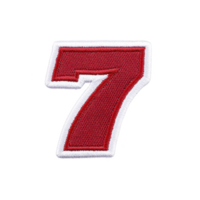 An image shows red embroidered number seven with white border transparency background. design is bold and eye catching, suitable for clothing or accessories.Red embroidered number seven with white png
