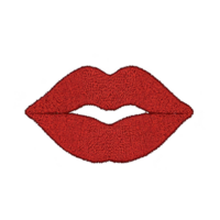 A vibrant red embroidered patch in shape of lips, set against transparency background, exudes bold and playful vibe. intricate stitching adds texture and depth to design png