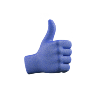 A blue foam hand in shape of thumbs up gesture, often used as symbol of approval or support, is depicted against plain background. texture is soft and spongy png