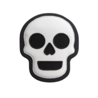 A white and black skull patch with simple, cartoonish design, featuring large eye sockets and smiling mouth, set against transparent background png