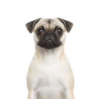 A cute pug with curious expression sits against plain background, showcasing its distinctive wrinkled face and small size. dog light fur contrasts with its dark ears and snout png