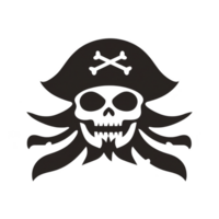 A pirate skull with crossbones and hat, featuring menacing expression, symbolizes piracy and adventure. design is simple and bold, often used in pirate themed contexts png