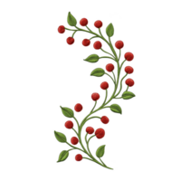A vibrant embroidery design features curved vine adorned with red berries and green leaves, creating natural and artistic pattern. intricate details highlight texture and color contrast png