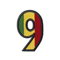 An image shows embroidered patch of number nine with design featuring green, yellow, and red stripes, reminiscent of flag. patch has black border png