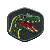 A fierce dinosaur head is embroidered on hexagonal patch, featuring sharp teeth and vivid colors, set against transparency background. design is bold and eye catching png