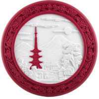 A beautifully intricate red and white circular artwork features Japanese pagoda, Mount Fuji, and cherry blossoms, evoking serene and traditional Japanese landscape png