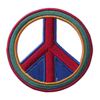 A This features colorful embroidered peace symbol patch with vibrant red, blue, and green threads, creating harmonious and eye catching design png