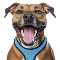 A happy brown dog with wide smile and bright eyes wears blue harness, showcasing its playful and friendly nature. dog ears are perked up, adding to its joyful expression png