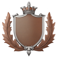 A decorative emblem features blank brown shield with silver border, topped by crown. Oak leaves in bronze color flank shield, adding regal and classic touch png