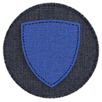 A blue shield shaped patch with textured fabric design is centered on round, dark gray background. patch features stitched border, giving it handcrafted appearance png