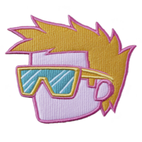 A colorful embroidered patch features stylized face with spiky hair and large sunglasses, outlined in pink. design is playful and vibrant, perfect for adding flair to clothing or accessories png