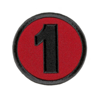 A circular embroidered patch features bold black number one centered on vibrant red background, outlined with gray border, symbolizing achievement or rank png