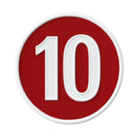 A red circular patch with number 10 prominently displayed in white, symbolizing achievement or ranking. textured fabric adds tactile quality, enhancing its visual appeal png