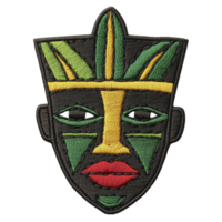 An embroidered patch features stylized tribal mask design with vibrant colors including green, yellow, and red. mask has geometric patterns and bold lines, creating striking visual effect png