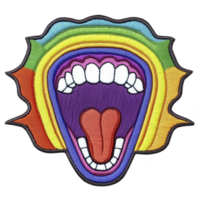 A vibrant embroidered patch features colorful open mouth with rainbow background, expressing excitement and energy. design is bold and eye catching, perfect for adding flair to clothing png