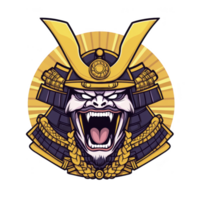 A fierce samurai helmet illustration with roaring expression, featuring intricate gold and purple details, symbolizing strength and tradition. design is bold and dynamic png