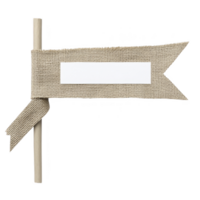 A rustic burlap flag with blank white label is attached to wooden stick, perfect for crafting or decoration. natural texture and neutral tones add charming touch png