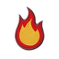 A This features vibrant embroidered patch in shape of flame, with red and yellow color scheme, symbolizing energy and warmth. patch has textured appearance, adding tactile element.flame patch design png