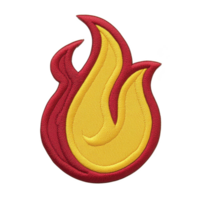A This features vibrant embroidered patch shape of flame, with red and yellow colors creating dynamic and energetic design. patch is likely used for clothing or accessories, adding bold and fiery png
